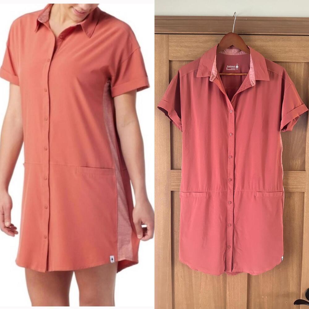 Smartwool Merino Wool Sport Shirt Dress Button Down in Terracotta Pink Medium​